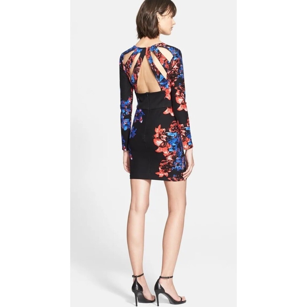 New Parker Floral Mariel Cut-Out Back Bodycon Dress Knit Stretch Black Multi S